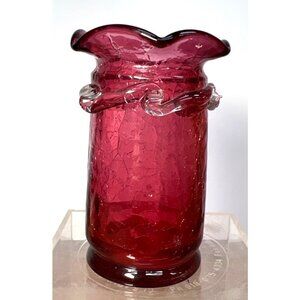 Pilgrim Handblown Cranberry Glass Vase With Clea Accents & Textured Crackle Desi